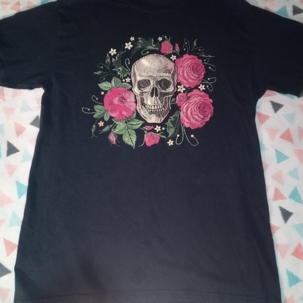 Black T-Shirt with Skull and Floral Design